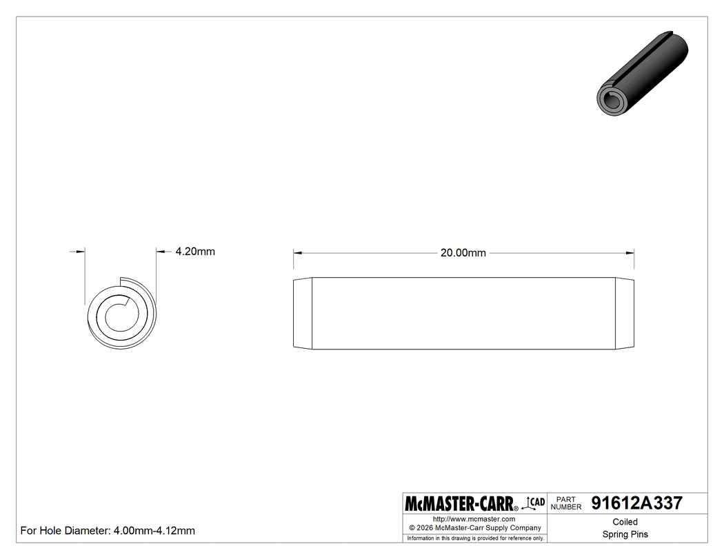 Technical Drawing of Coiled Spring Pins, 18-8 Stainless Steel, 4 mm Diameter, 20 mm Long.